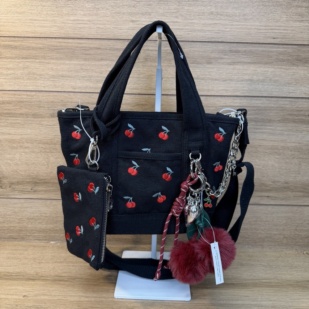 NEW! Madden Girl Black Mini Tote Cherries Crossbody Purse Bag Charms Viral